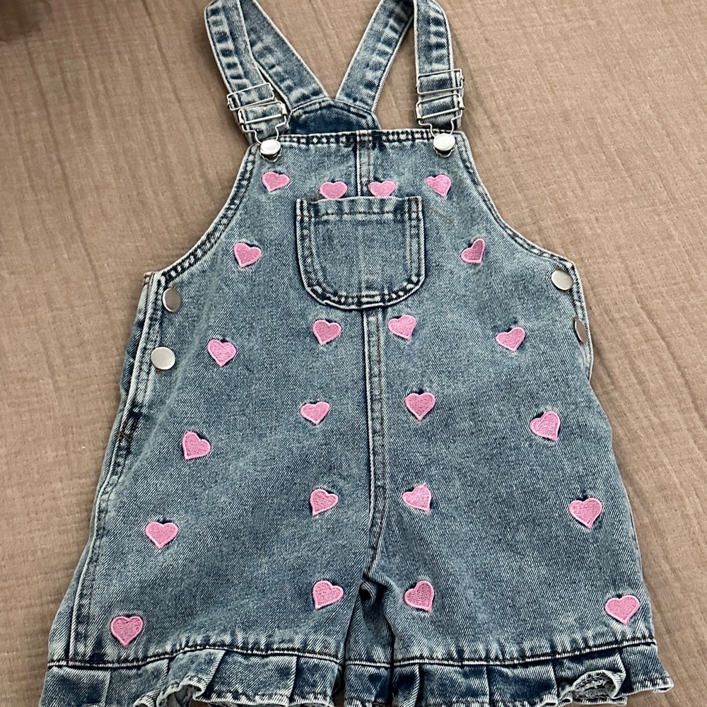 SHEIN Blue Overalls with Pink Heart Accents